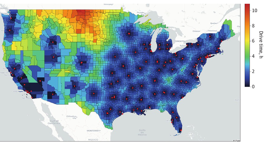Map of the contiguous U.S. by drive time to the nearest verified burn center. Most eastern and southern areas are within 2 hours (blue), while parts of the Northern Plains and Mountain West are 6 to 10 hours away (orange/red). Red dots show burn centers.