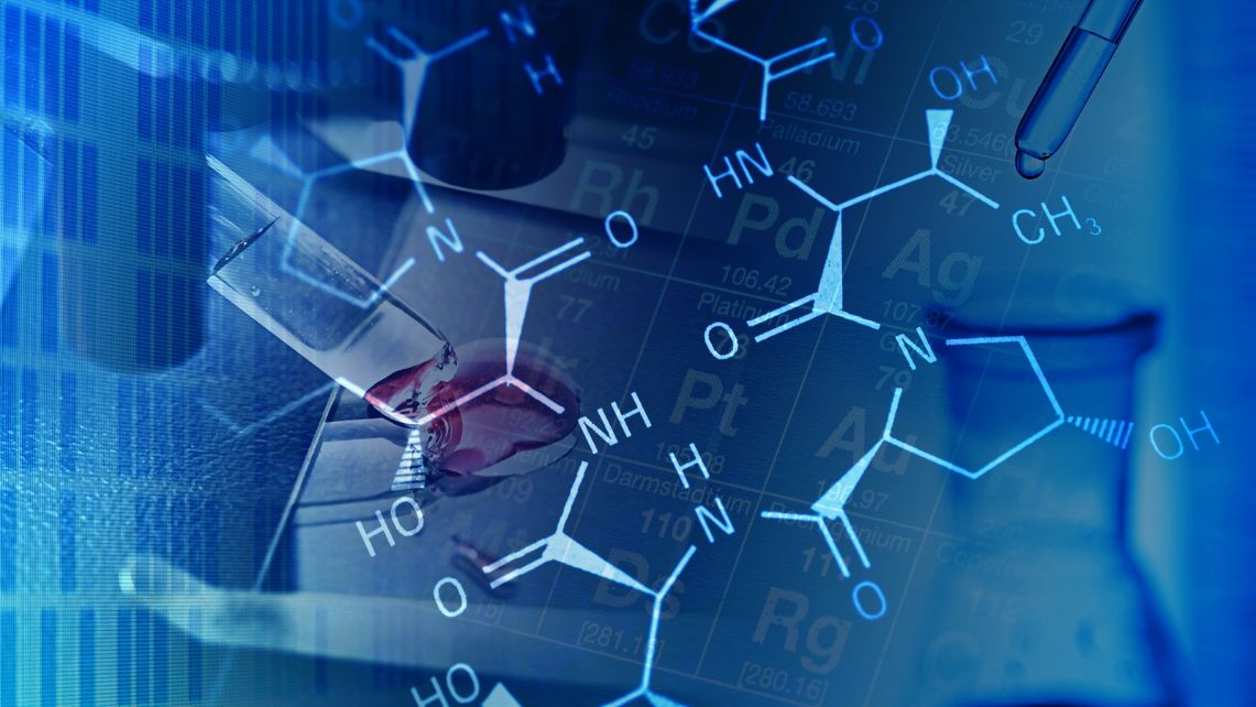 A blue image of letters and test tubes