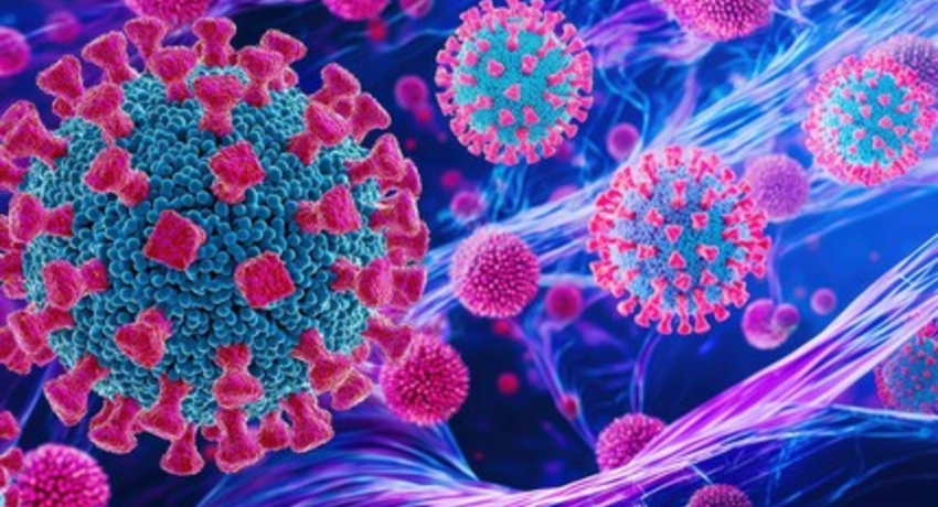 Stylized microscopic illustration of SARS‑CoV‑2 particles with pink spike proteins on blue spherical virus bodies moving through a tissue‑like environment, representing viral mechanisms that interfere with early immune responses.