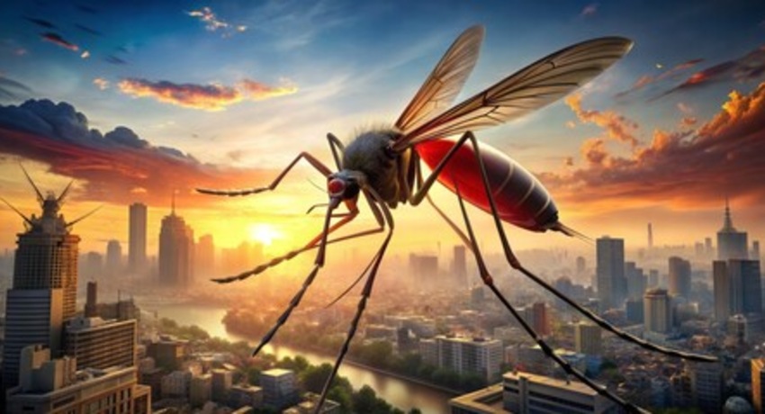 A large, exaggerated mosquito hovers over a cityscape at sunset with buildings and a river below.