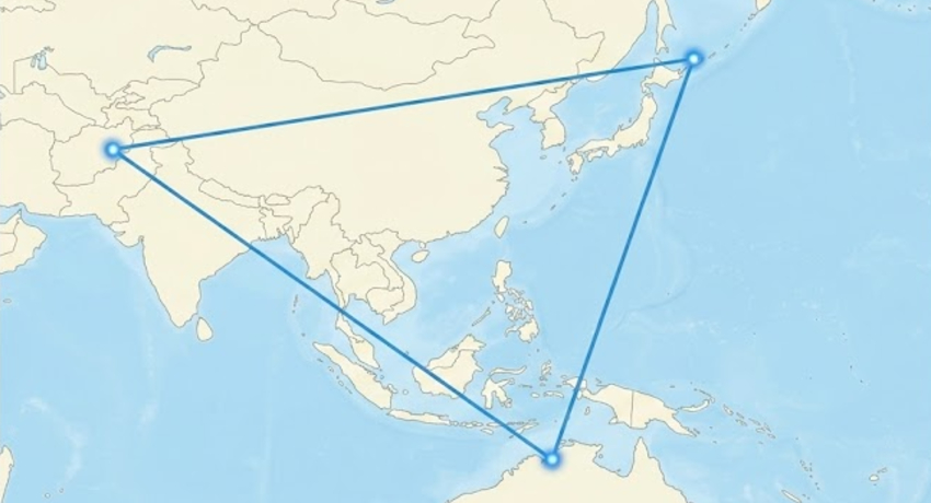 Map of Asia and the western Pacific with a blue triangular outline marks the Tsutsugamushi Triangle, the region where scrub typhus occurs (image generated by AI)..