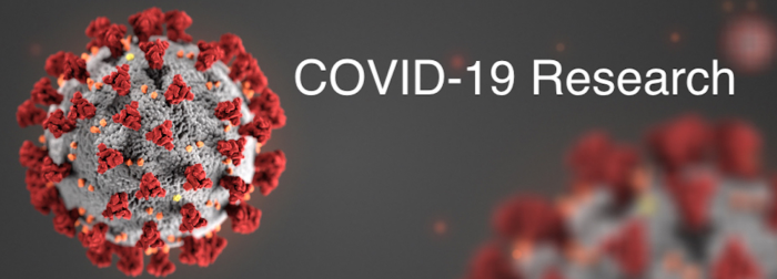 Dark gray banner with illustration of coronavirus particle next to the text “COVID‑19 Research.”